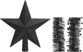 Kerstversiering kunststof glitter ster piek 19 cm en folieslingers pakket zwart van 3x stuks - Kerstboomversiering