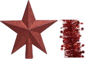 Kerstversiering kunststof glitter ster piek 19 cm en sterren folieslingers pakket rood van 3x stuks - Kerstboomversiering