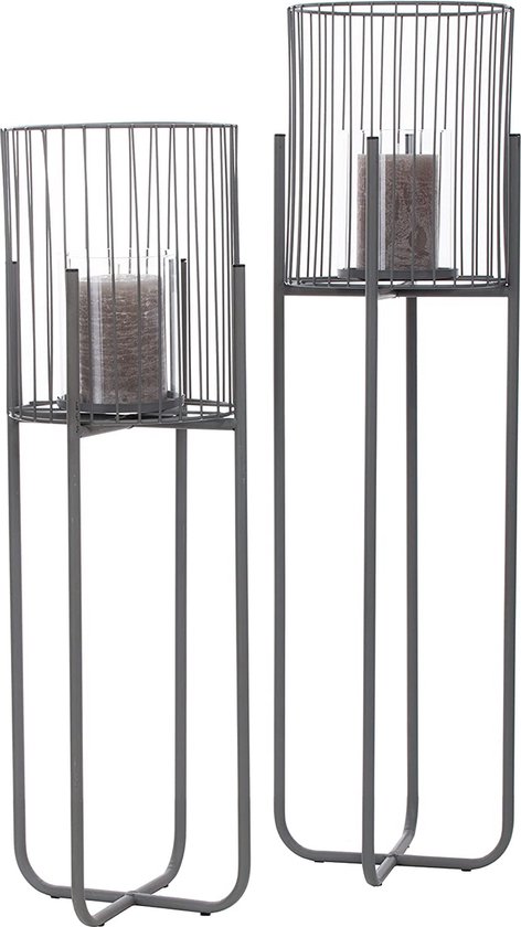 Kersthuisjebestellen - Metalen Lantaarn - Windlicht met glazen inzetstuk - H=63cm Dia=18cm - Grijs