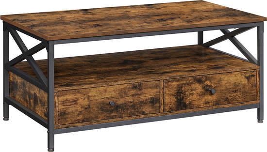 Signature Home Table Basse de Luxe - Table de Salon - Tables basses Industrielles - Avec 2 Tiroirs - pour Salon - Vintage Marron Zwart - 100 x 55 x 45 cm