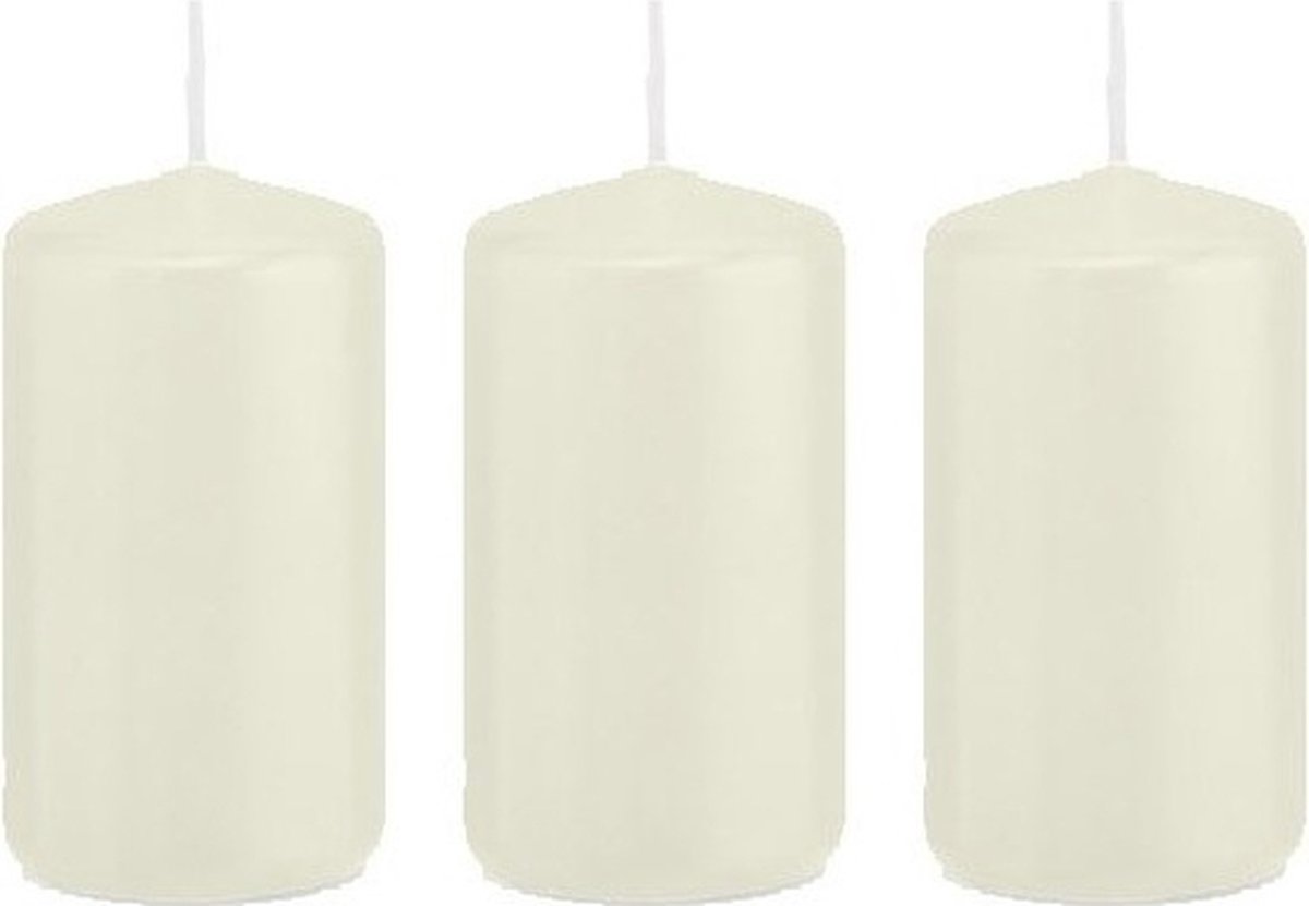 Trend Candles Cilinderkaars/stompkaars - 3x - ivoorwit - 5 x 10 cm - 23 branduren - met brandvertragende folie