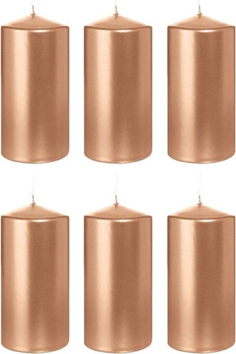 Trend Candles Cilinderkaars/stompkaars - 6x - roségoud - 6 x 12 cm - 40 branduren - horeca kaarsen Goudkleurig