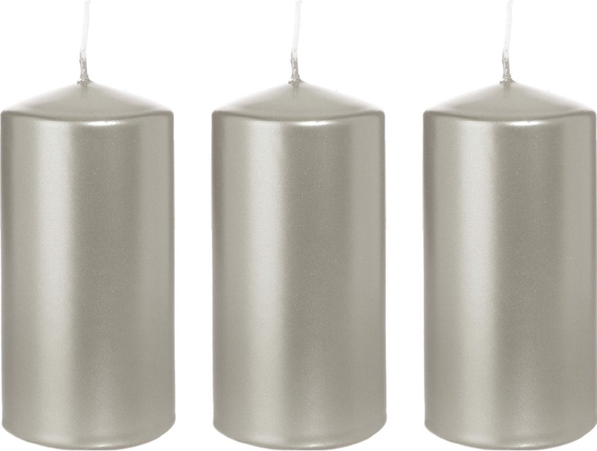 Trend Candles Cilinderkaars/stompkaars - 3x - zilver - 6 x 12 cm - 40 branduren - horeca kaarsen