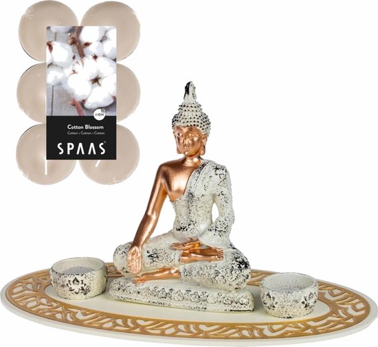 Boeddha beeld - binnen - 35 cm / 24x geurkaarsen Cotton Blossom - waxinelichtjes