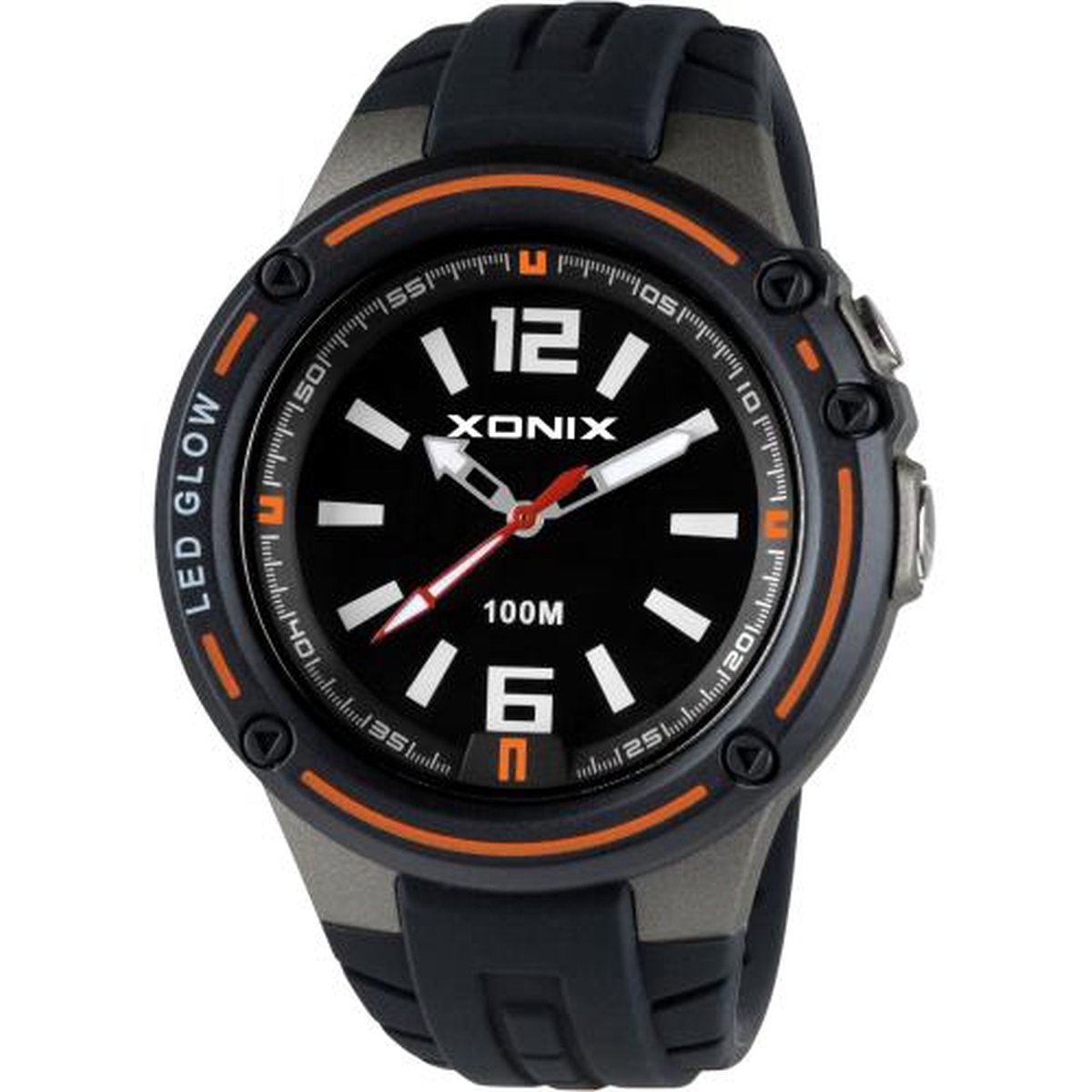 Xonix CAF-005 - Horloge - Analoog - Mannen - Heren - Siliconen band - ABS - Cijfers - Streepjes - Achtergrondverlichting - Waterdicht - 10 ATM - Zwart - Grijs - Oranje