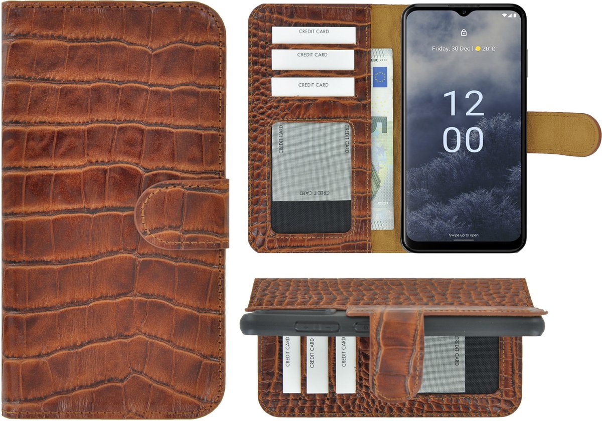 MoDo hoesje Geschikt voor Nokia G60 - Echt Leer Book Case - Croco Kaneelbruin