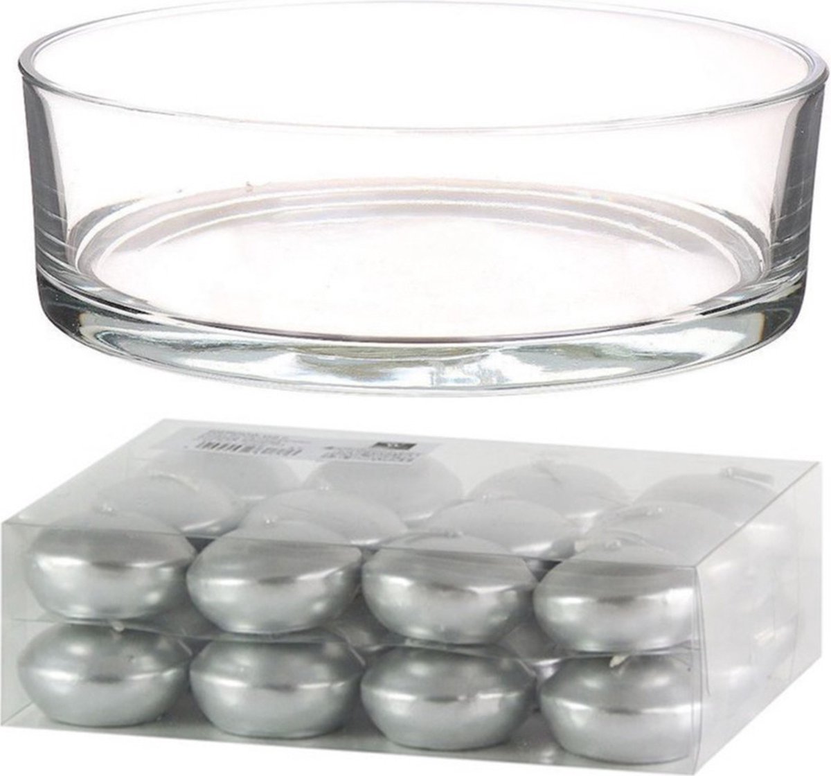 Trend Candles Cadeau set/Sfeer set van een lage luxe transparante vaas 8 x 25 cm met 24x zilveren drijfkaarsen 4.5 cm