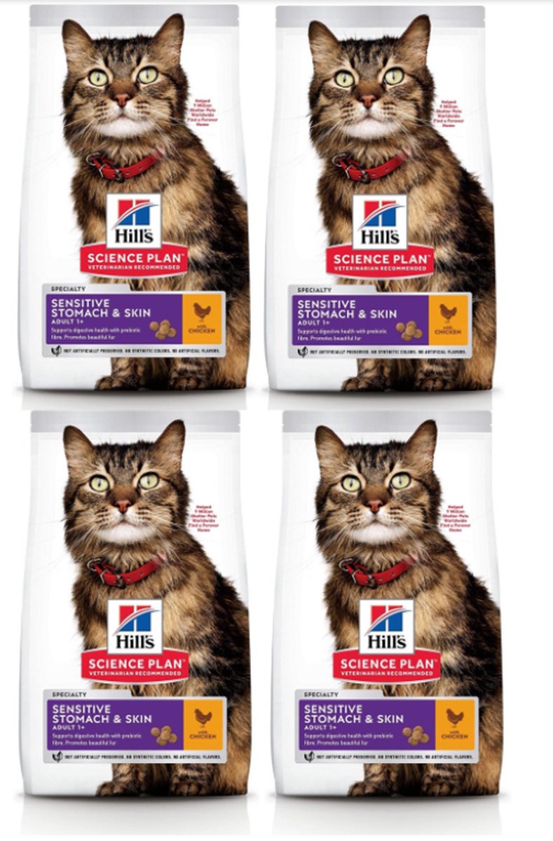 4x Hill's - feline adult sensitive stomach & skin Kip - Kattenvoer - 1.5kg
