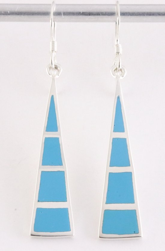 Lange driehoekige zilveren oorbellen met blauwe turkoois