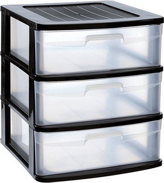 Une unité de rangement à tiroirs avec trois tiroirs transparents et un cadre et un couvercle noirs.