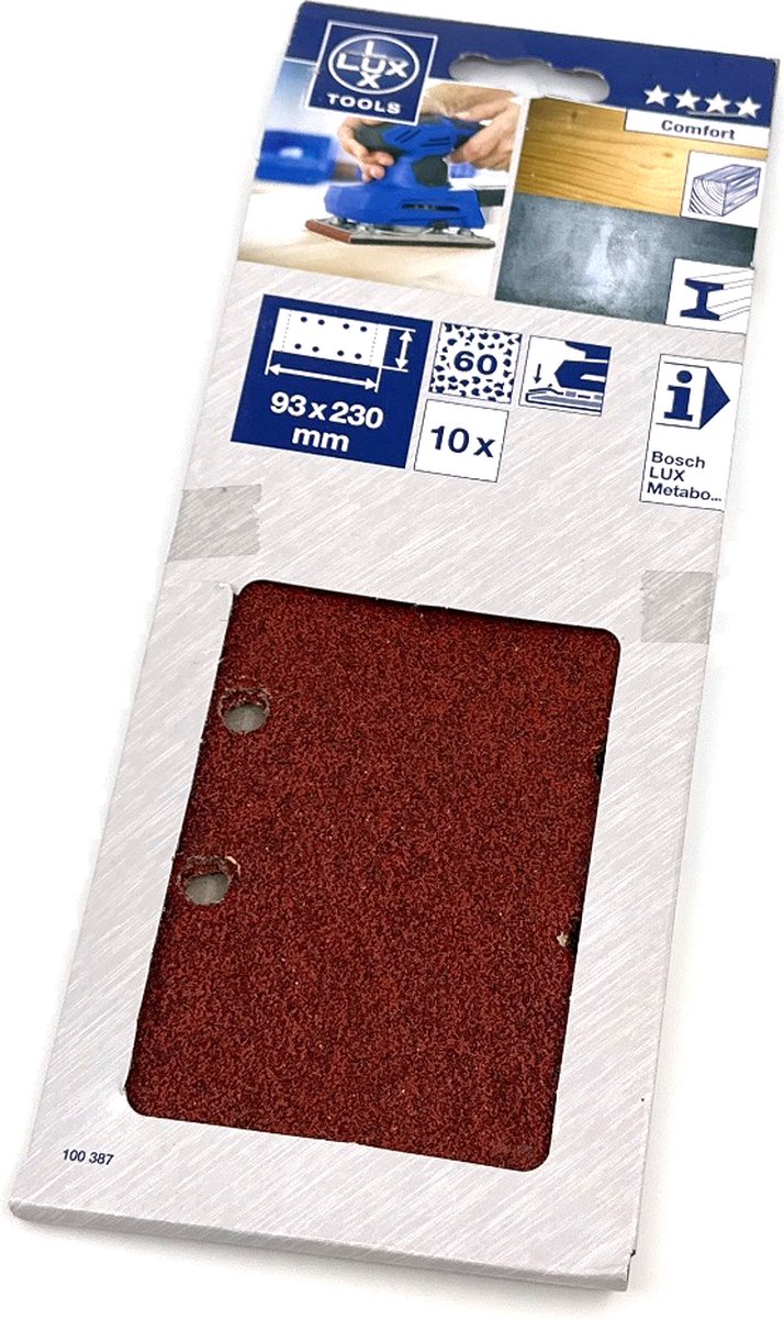 LUX tools - Schuurpapier - 93 x 230 mm - Korrel 60 - 8 gaten voor stofafzuiging - 10 stuks