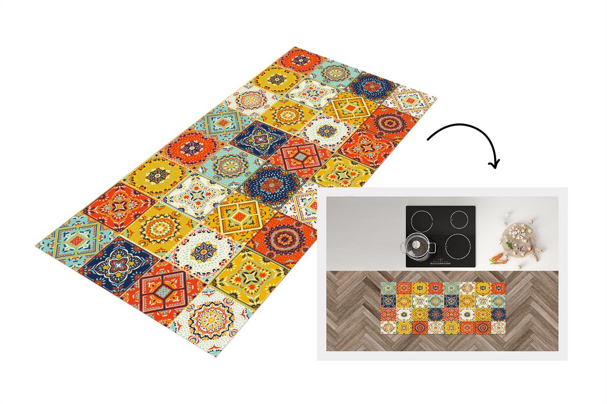 KitchenYeah Keukenloper - Loper keuken - Vintage - Bloemen - Patroon - Wit - Oranje - Keukenloper vinyl Multicolor