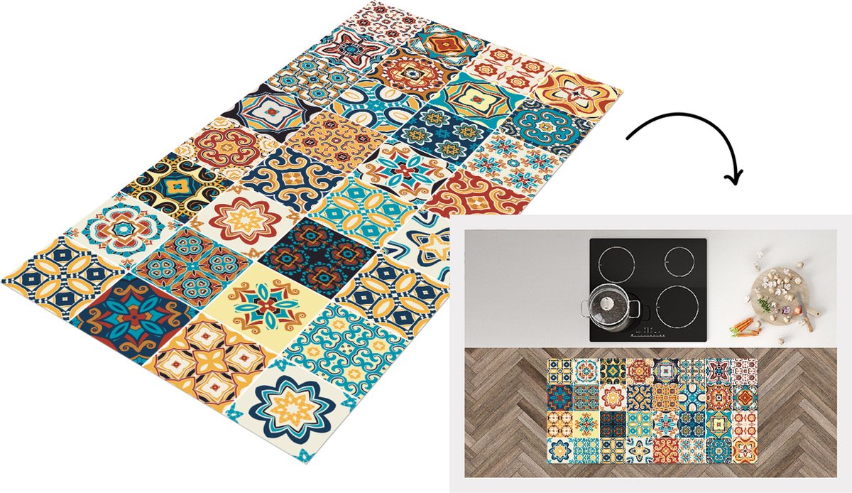 KitchenYeah Keukenloper - Loper keuken - Bloemen - Vintage - Patroon - Blauw - Oranje - Keukenloper vinyl, foto 2
