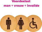Wc bordjes – Voordeelset van 3 - Man - Vrouw – Gehandicapt - Rond – Kurk – 10 x 10 cm - Toilet bordje – Deurbord – Zelfklevend