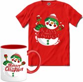 Merry Christmas vrolijke sneeuwpop - T-Shirt met mok - Heren - Rood - Maat 4XL