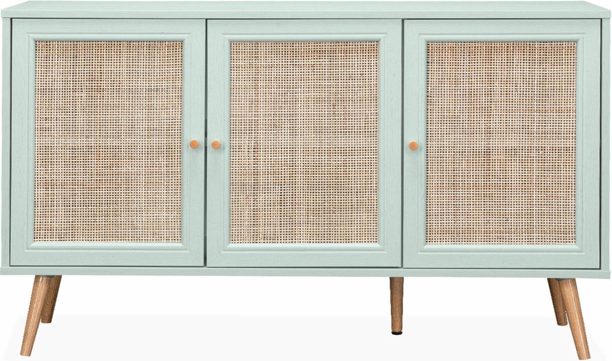 sweeek Dressoir met 3 deuren houtdecor en rotan 120cm - bohème celadongroen