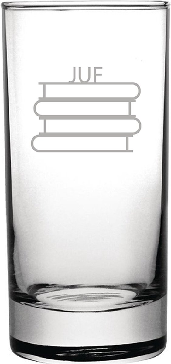 Gegraveerde longdrinkglas 28,5cl Juf met boeken