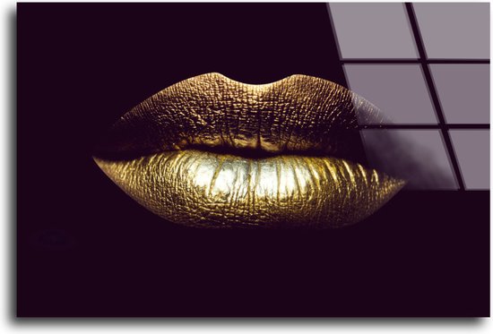Glasschilderij Gouden Lippen | 80 x 60 cm | Acrylglas Schilderijen | Foto op Glas | Wanddecoratie