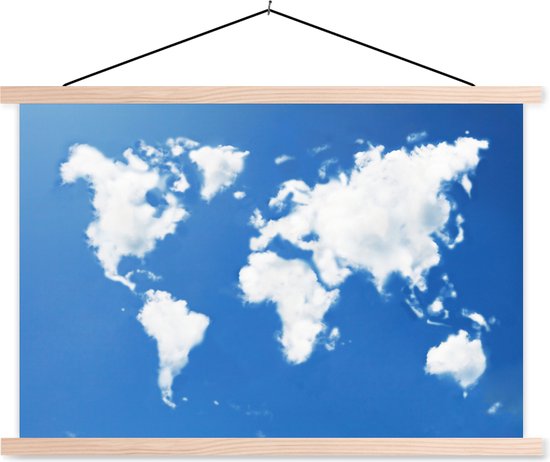 Wereldkaart blauw met wolken schoolplaat platte latten blank 150x100 cm - Foto print op textielposter (wanddecoratie woonkamer/slaapkamer)