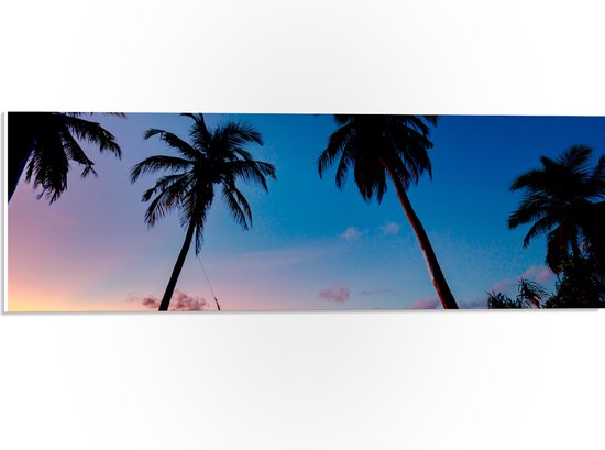 WallClassics - PVC Schuimplaat- Silhouet van Persoon op Schommel met Palmbomen - 60x20 cm Foto op PVC Schuimplaat