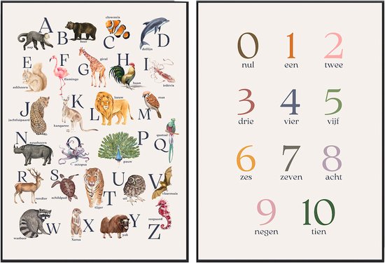 No Filter - 2 posters - Dieren ABC en Cijfers - 30x40 cm (A3 formaat) - Kinderkamer posters - Educatieve posters