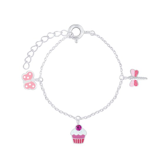 Joy|S - Zilveren bedel armband - cupcake - vlinder - libelle - 14 cm + 3 cm - voor kinderen