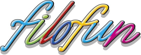Logo met de tekst 'Filofun' in glimmende, veelkleurige letters.