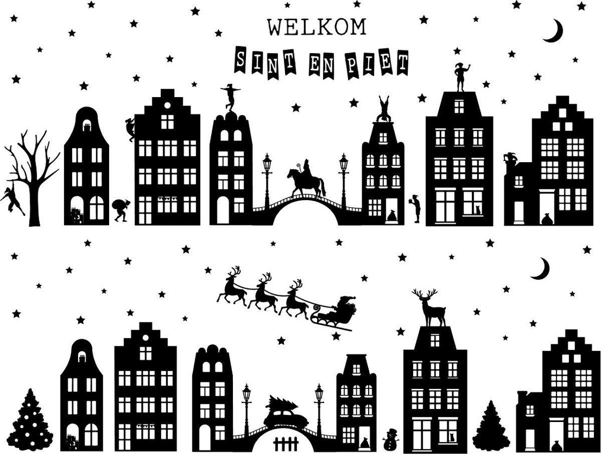 XL Raamsticker Sint en Kerst statisch zwart 130-160cm - Raamsticker Kerst - Raamsticker Sint - Kerst raamstickers - Sint raamstickers