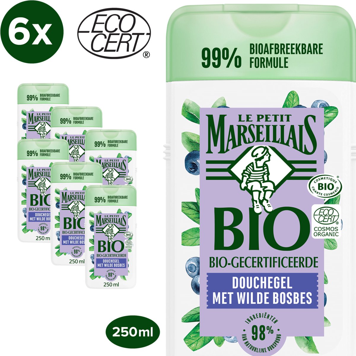 Le Petit Marseillais verkwikkende bio douchegel, pH-huidneutraal, wilde bosbes, 6 x 250 ml