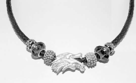 Hetty'S - Zwart leren collier - Zilveren Draak - Beads - 925 zilver slot