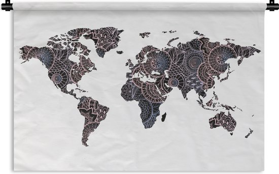 Wandkleed Eigen Wereldkaarten - Wereldkaart Zwart Roze Wandkleed katoen 90x60 cm - Wandtapijt met foto