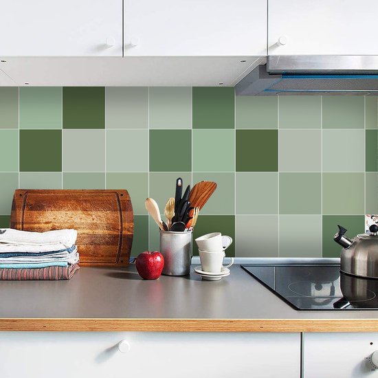 Ulticool Décoration Stickers carrelages - Carré Soft Shades of Green - Cuisine cm - 15 pièces