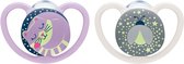 Nuk Space Night- sucettes en silicone, 2pcs. set - glow in the dark rose/gris 18-36 paniers