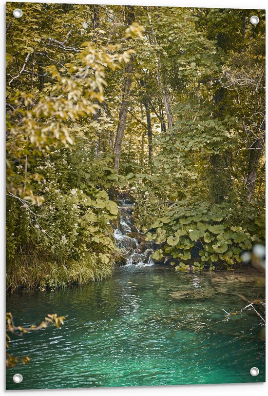 WallClassics - Tuinposter – Kleine Natuurlijke Waterval tussen Bomen - 60x80 cm Foto op Tuinposter  (wanddecoratie voor buiten en binnen)