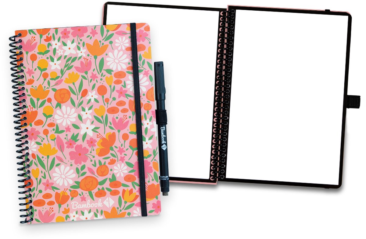 Bambook Floral uitwisbaar notitieboek - Softcover - A5 - Blanco pagina's - Duurzaam, herbruikbaar whiteboard schrift - Met 1 gratis stift