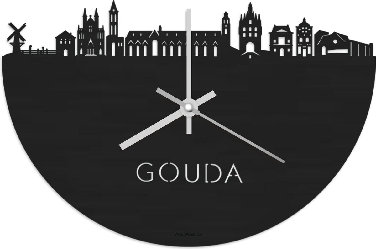 Skyline Klok Gouda Zwart hout - Ø 40 cm - Stil uurwerk - Wanddecoratie - Meer steden beschikbaar - Woonkamer idee - Woondecoratie - City Art - Steden kunst - Cadeau voor hem - Cadeau voor haar - Jubileum - Trouwerij - Housewarming - WoodWideCities