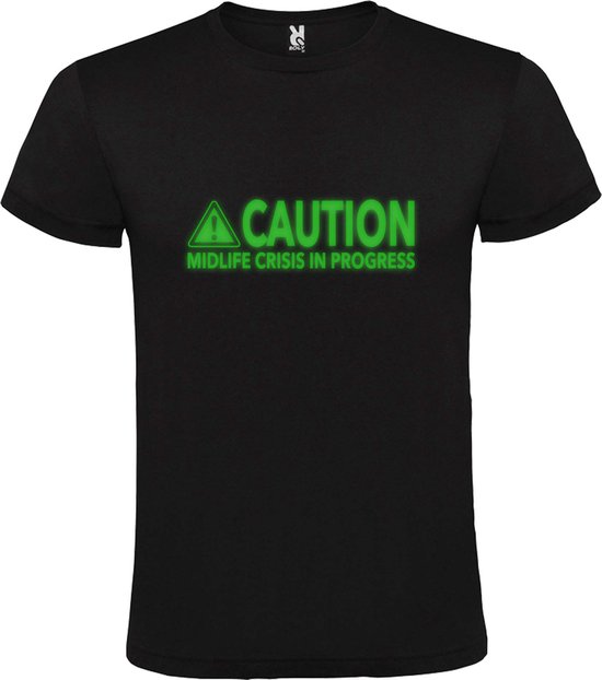 T-shirt Zwart avec texte "Caution Quarantaine Crisis in Progress " Glow in the Dark Green Taille XXXL