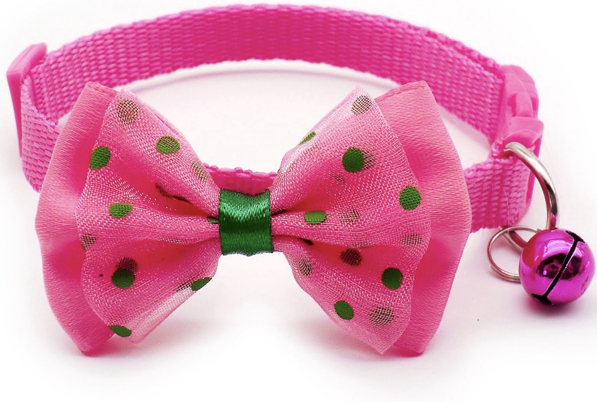 Bijoux by Ive - Roze poezen / katten halsbandje met strikje en belletje