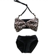 Maat 128 Bikini Zwart panterprint strik badkleding baby en kind met extra bandje zwem kleding leopard tijgerprint