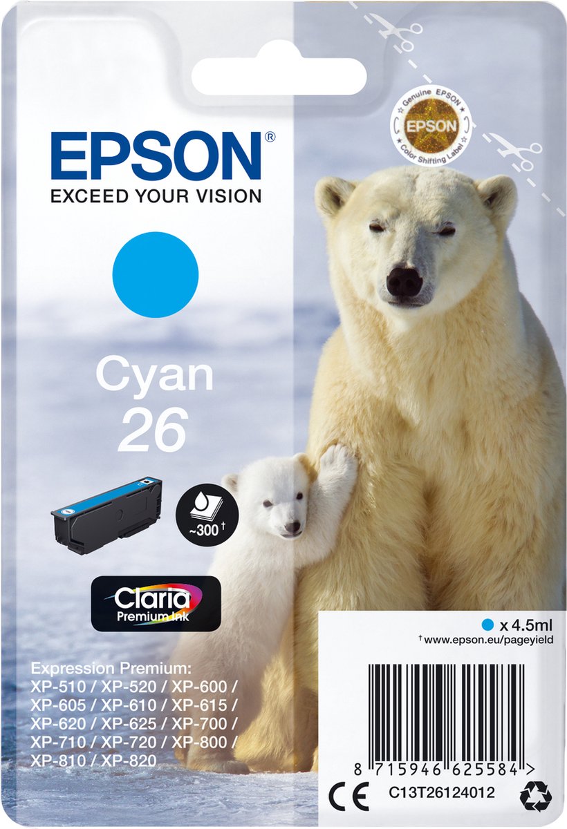 Epson Polar bear Singlepack Cyan 26 Claria Premium Ink