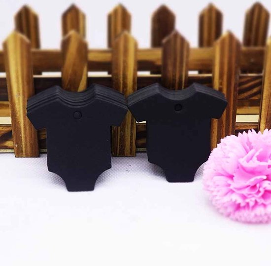 50 x Geboorte Label Kaartje Romper Papier Jongen / Meisje -  Zwart | Uitdeeltraktatie School - Kraamcadeau - Gift Kraamfeest | Baby - Babyshower | Verpakking - Geschenk - Tag - Streep - Hemdje | Bedankt - Kraamtijd | 4 cm  | Geboorte | DH collection