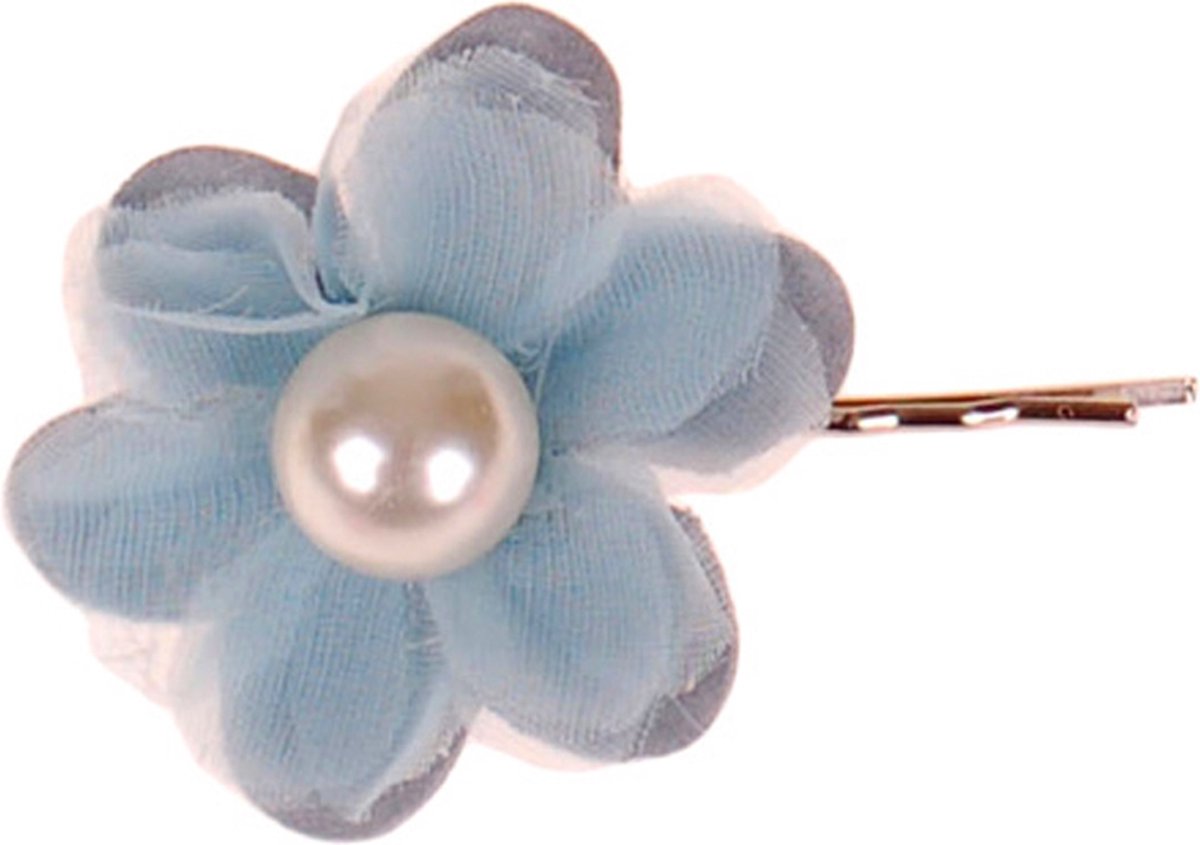 Schuifspeldje Bloem Grijsblauw met Parel (14mm) - 4cm