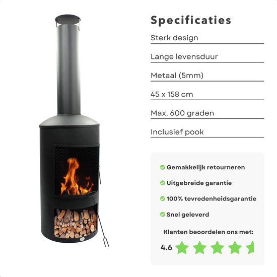 Zwarte, cilindervormige tuinhaard met schoorsteen, deur met gaas en open vak voor brandhout onderaan. Vuur en houtblokken zichtbaar.
