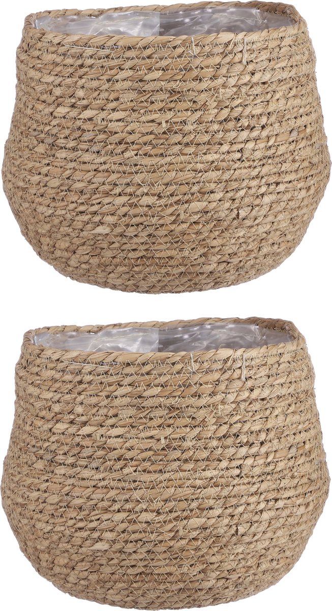 Mica Decorations Bloempot - 2x - rotan - naturel - jute - 24 x 26 cm - Met plastic binnenkant