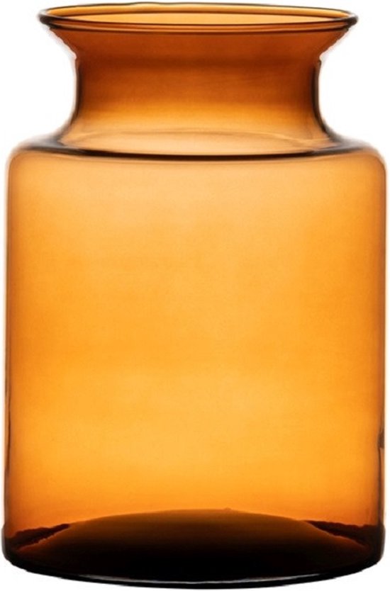 Oranje/transparante stijlvolle melkbus vaas/vazen van glas 20 cm - Bloemen/boeketten vaas voor binnen gebruik