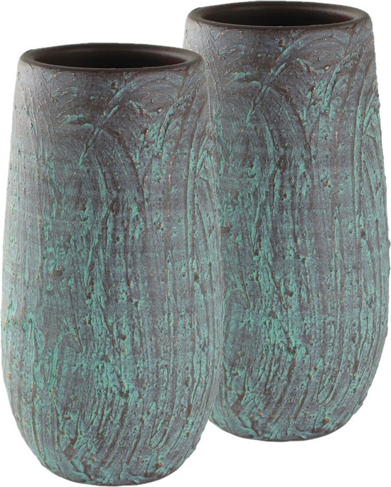 Set van 2x stuks hoge bloempotten/plantenpotten vaas van keramiek in de kleur antiek brons/groen met diameter 17 cm en hoogte 30 cm