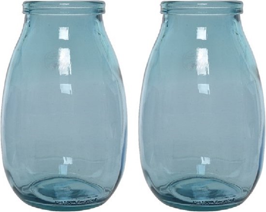3x stuks blauwe vazen/bloemenvaas van gerecycled glas 18 x 28 cm - Glazen vazen voor bloemen en boeketten