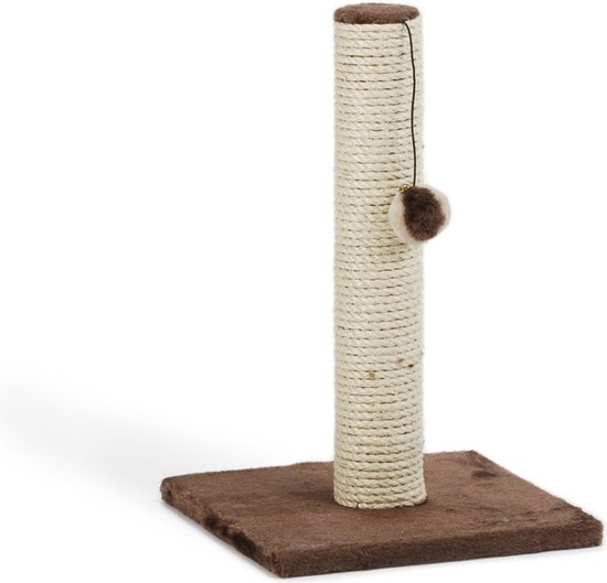 Arbre à chat marron avec corde de sisal beige et un pompon marron et blanc sur une ficelle.
