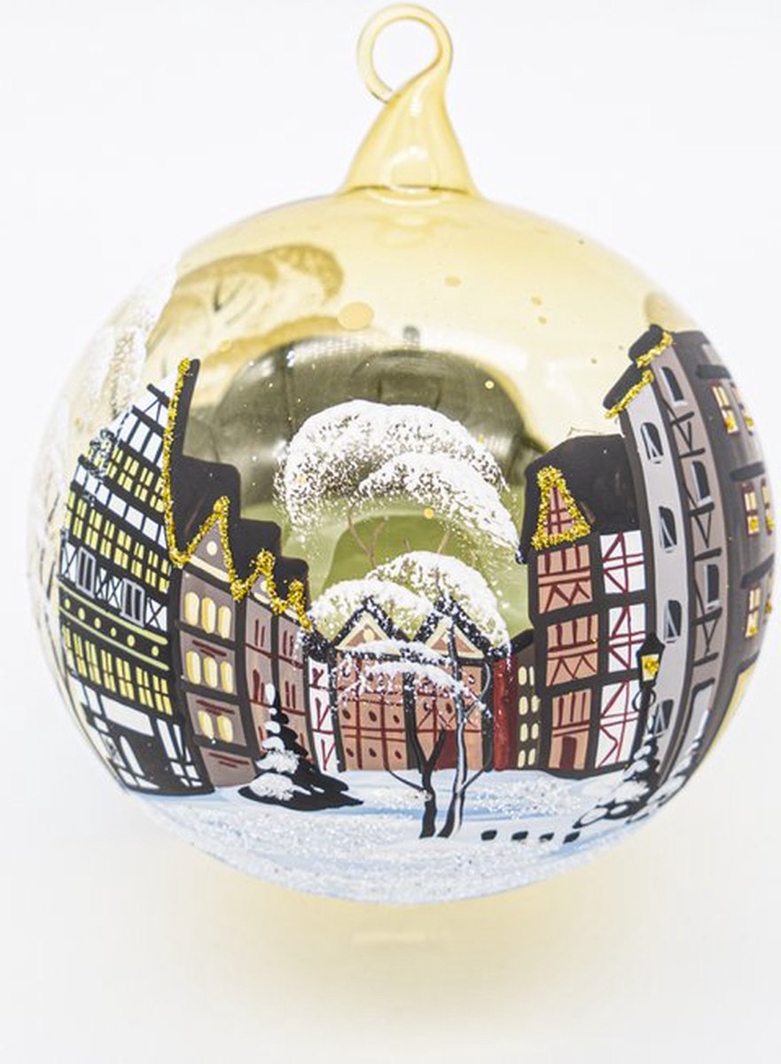 Mondgeblazen kersthanger - oude stad - glas - kerstbal