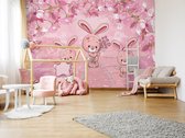 Fotobehang - Konijntjes - Bunny - Kinderkamer - Roze - Vliesbehang - 368 x 254 cm (LxH)